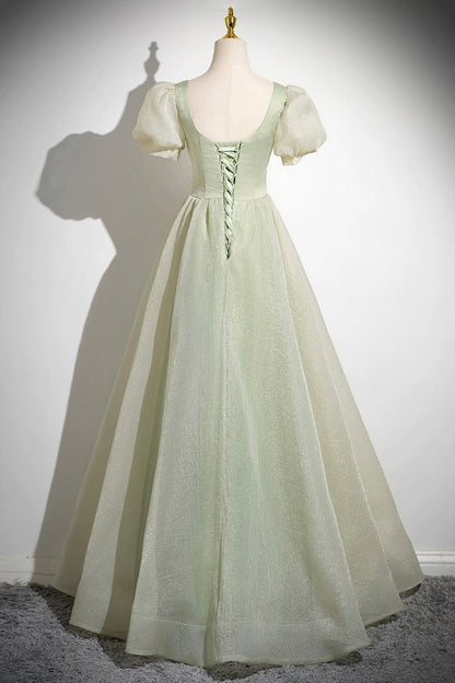 Green Tulle Long Prom Dress, Green A-Line Short Sleeve Evening Party Dress