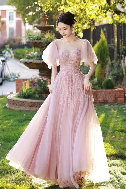 Beautiful Tulle Beaded Long Prom Dress, Pink Evening Dress Party Dress