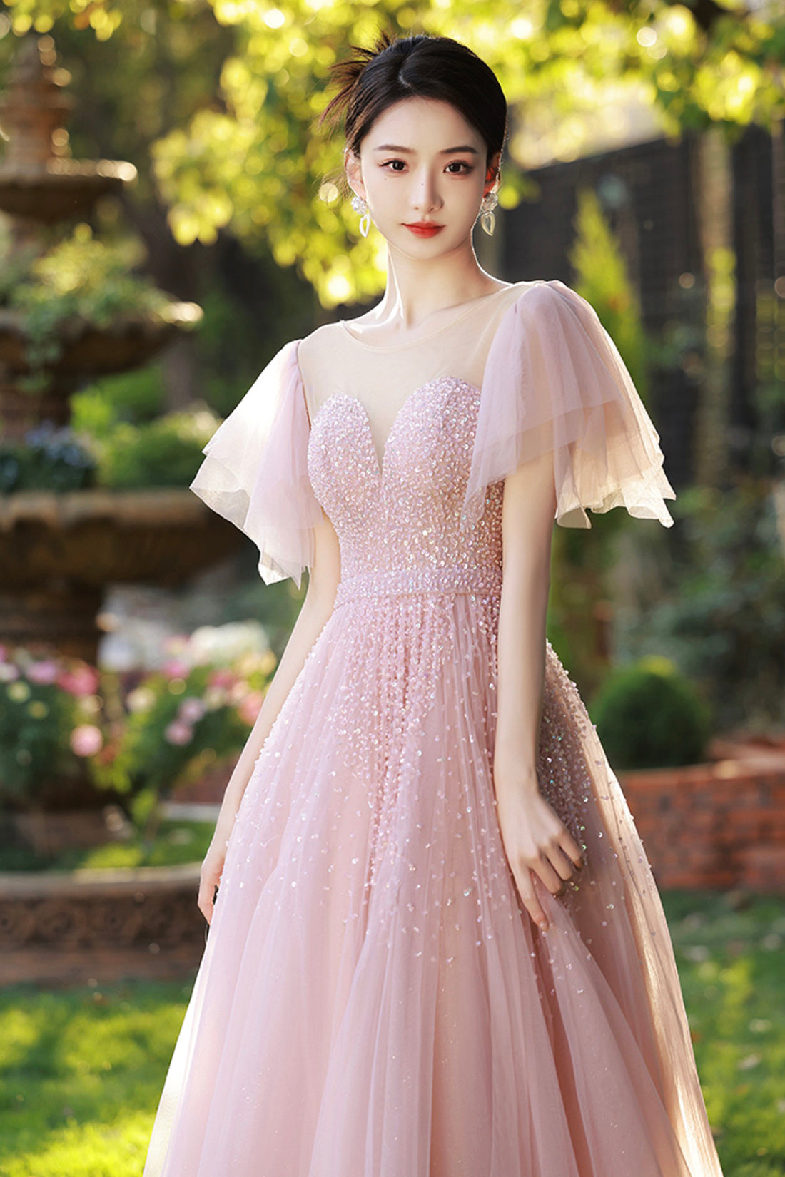Beautiful Tulle Beaded Long Prom Dress, Pink Evening Dress Party Dress