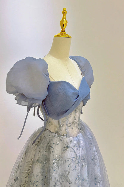 Beautiful Tulle Lace Long Prom Dress, Blue Short Sleeve Evening Dress