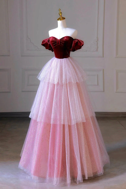 Burgundy Velvet and Pink Tulle Long Prom Dress, Off the Shoulder A-Line Evening Party Dress