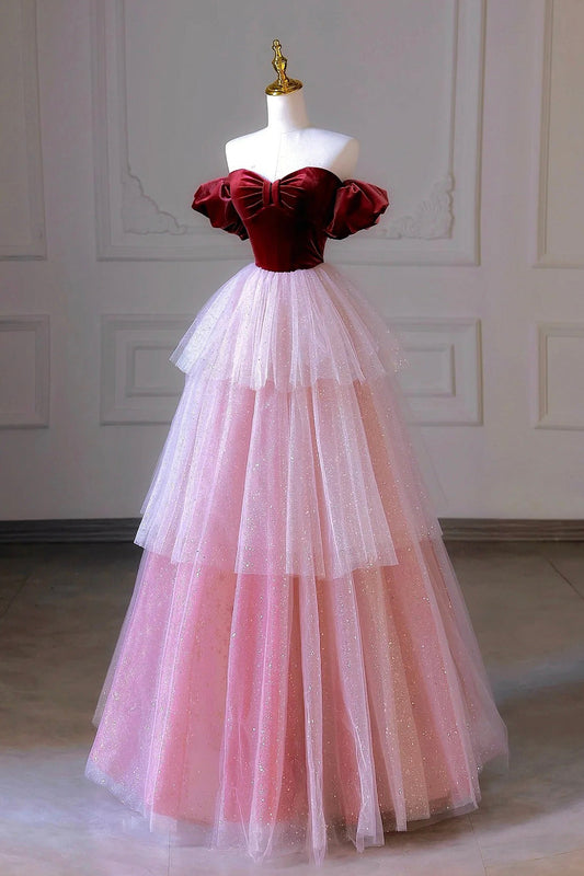 Burgundy Velvet and Pink Tulle Long Prom Dress, Off the Shoulder A-Line Evening Party Dress
