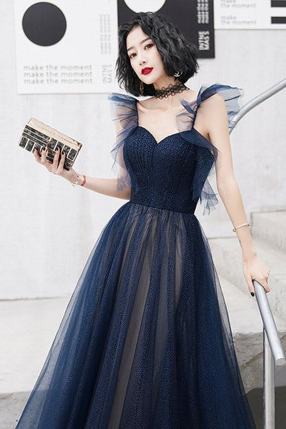 Blue Sweetheart Neckline Tulle Long Formal Dresses, A-Line Blue Prom Dresses