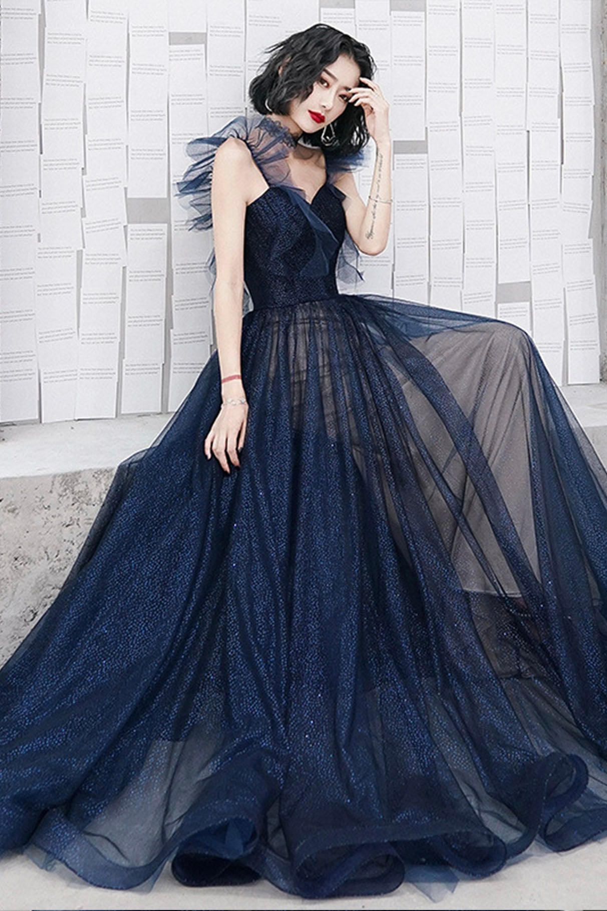 Blue Sweetheart Neckline Tulle Long Formal Dresses, A-Line Blue Prom Dresses