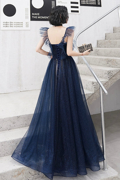Blue Sweetheart Neckline Tulle Long Formal Dresses, A-Line Blue Prom Dresses