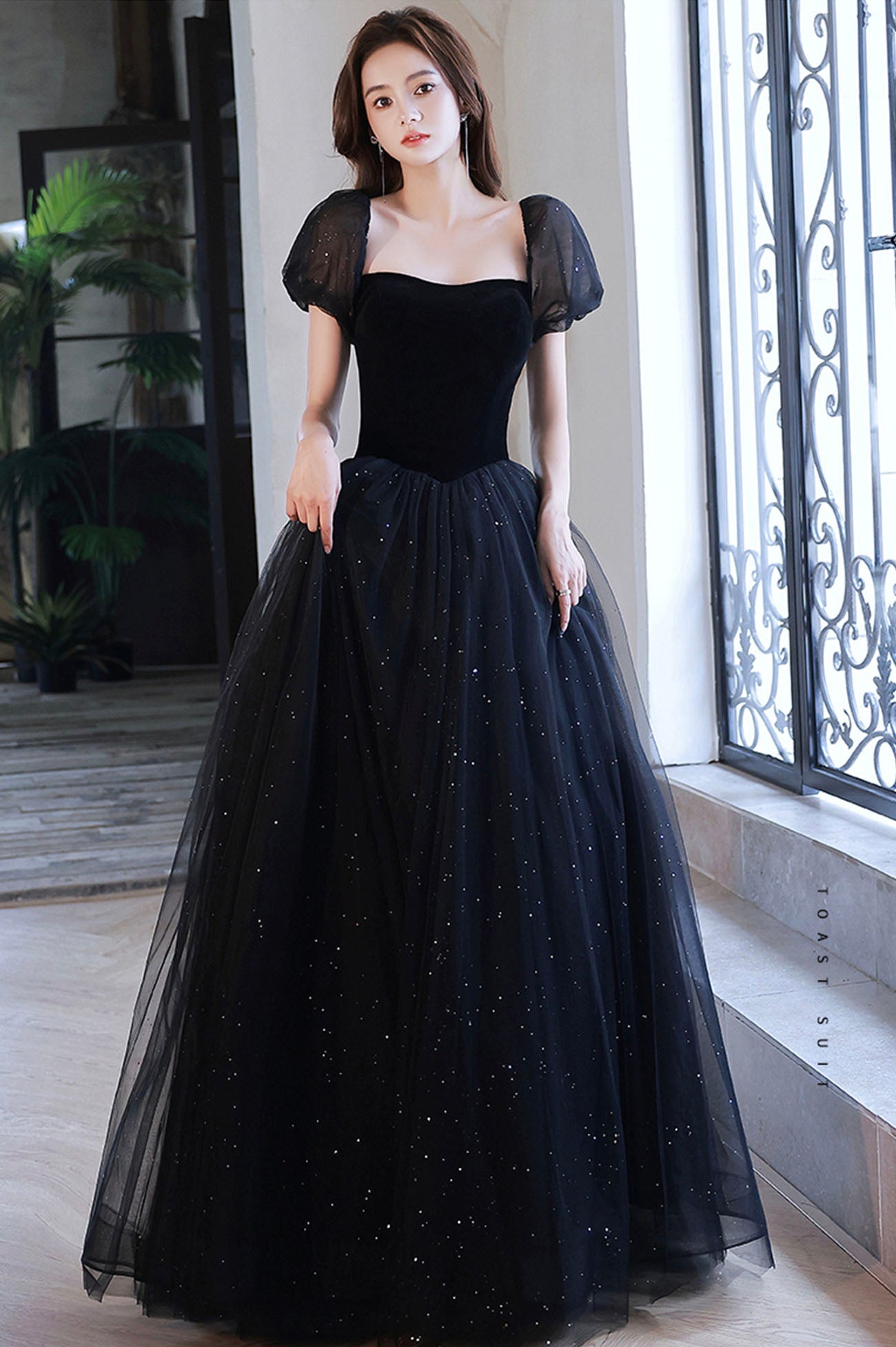Black Shiny Tulle Long Prom Dress, Black Short Sleeve Evening Dress