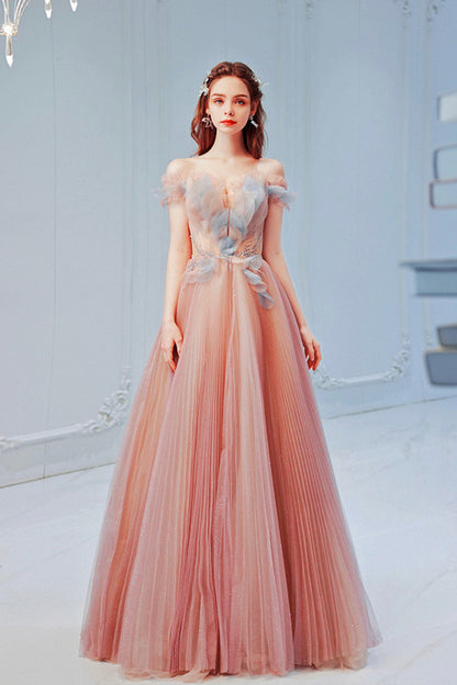 Pink Off the Shoulder Tulle Long Party Dress, Cute A-Line Prom Dress