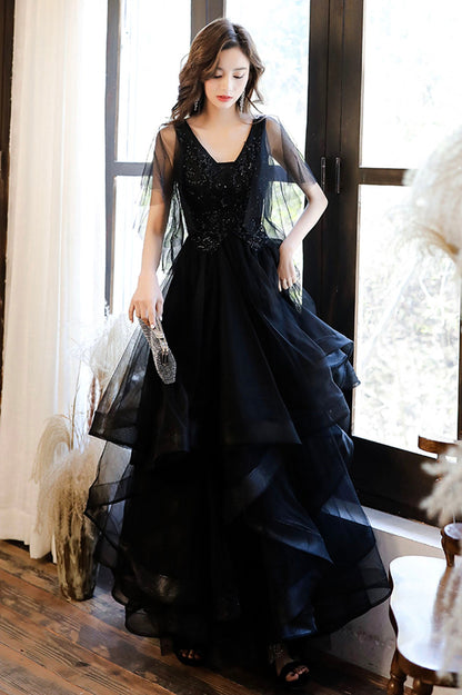 Black V-Neck Tulle Layers Long Formal Dress, A-Line Black Party Dress