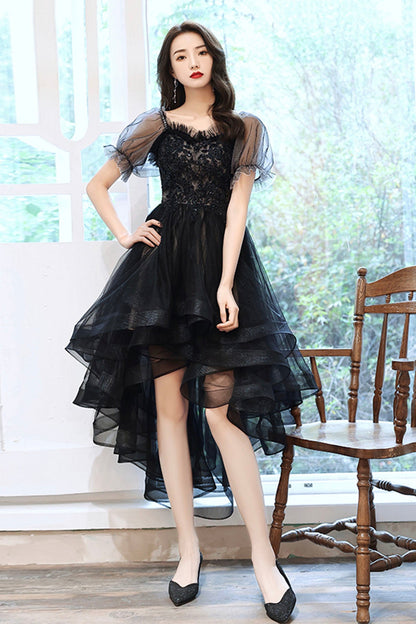 Black Tulle Lace High-Low Party Dress, Cute Short Sleeve Homecoming Dress