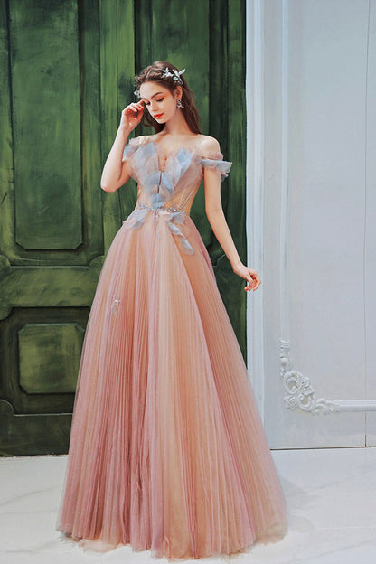 Pink Off the Shoulder Tulle Long Party Dress, Cute A-Line Prom Dress
