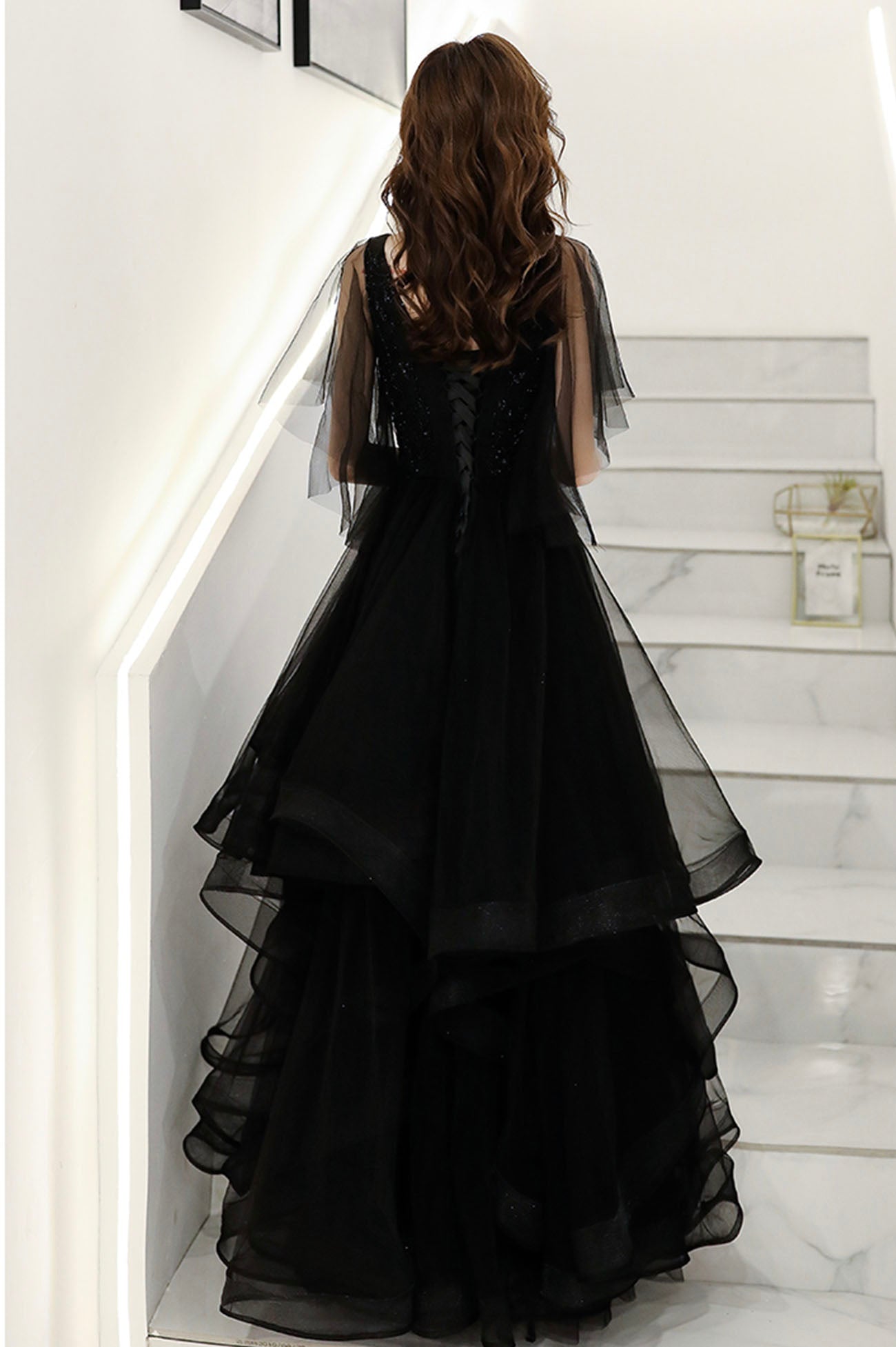 Black V-Neck Tulle Layers Long Formal Dress, A-Line Black Party Dress