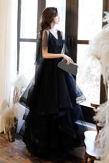 Black V-Neck Tulle Layers Long Formal Dress, A-Line Black Party Dress