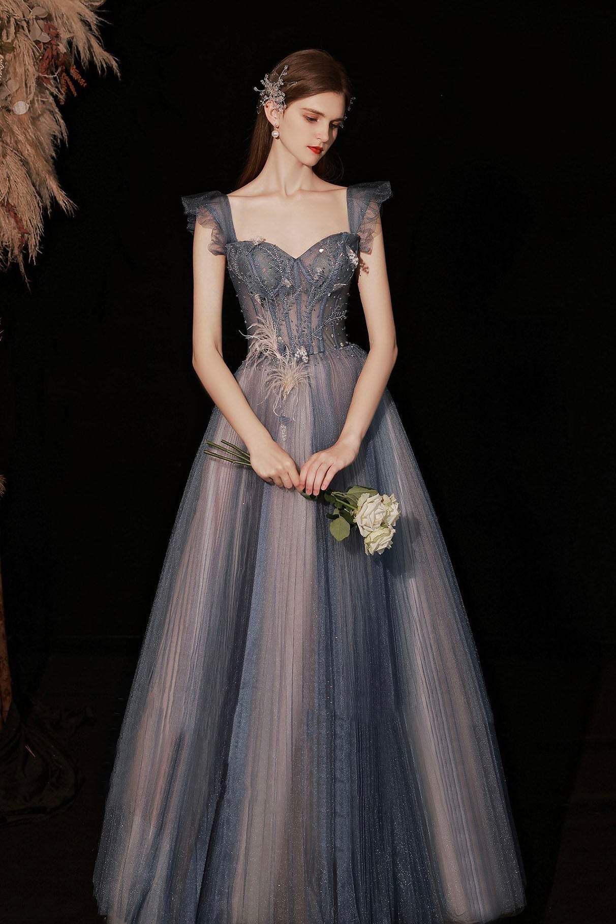 Blue Sweetheart Neckline Tulle Long Formal Dresses, A-Line Prom Dresses