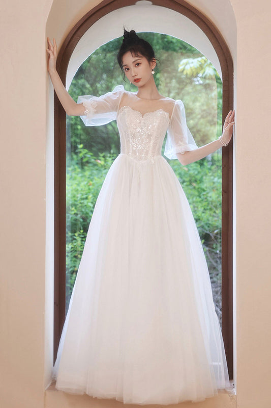 White Puff Sleeves Tulle Party Dress, A-Line Lace Scoop Neckline Evening Dress