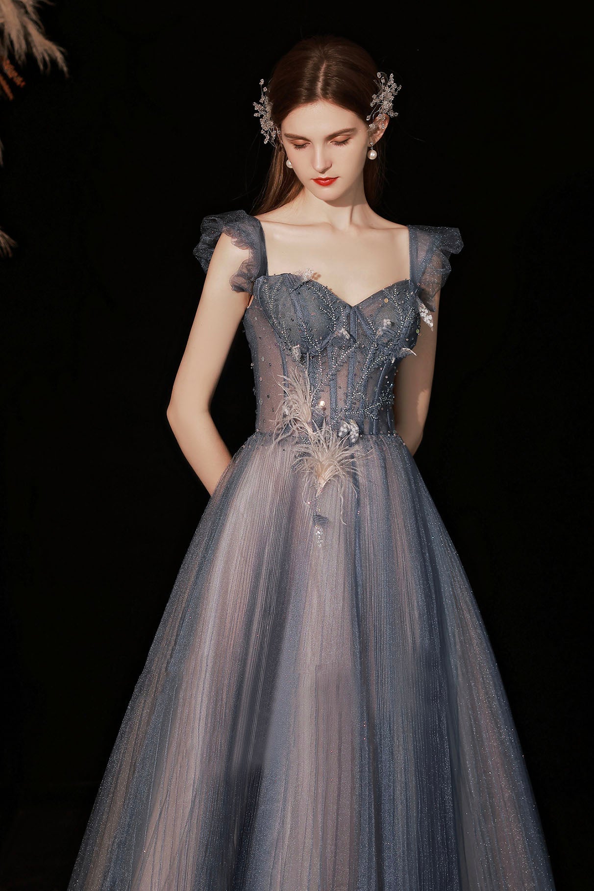 Blue Sweetheart Neckline Tulle Long Formal Dresses, A-Line Prom Dresses