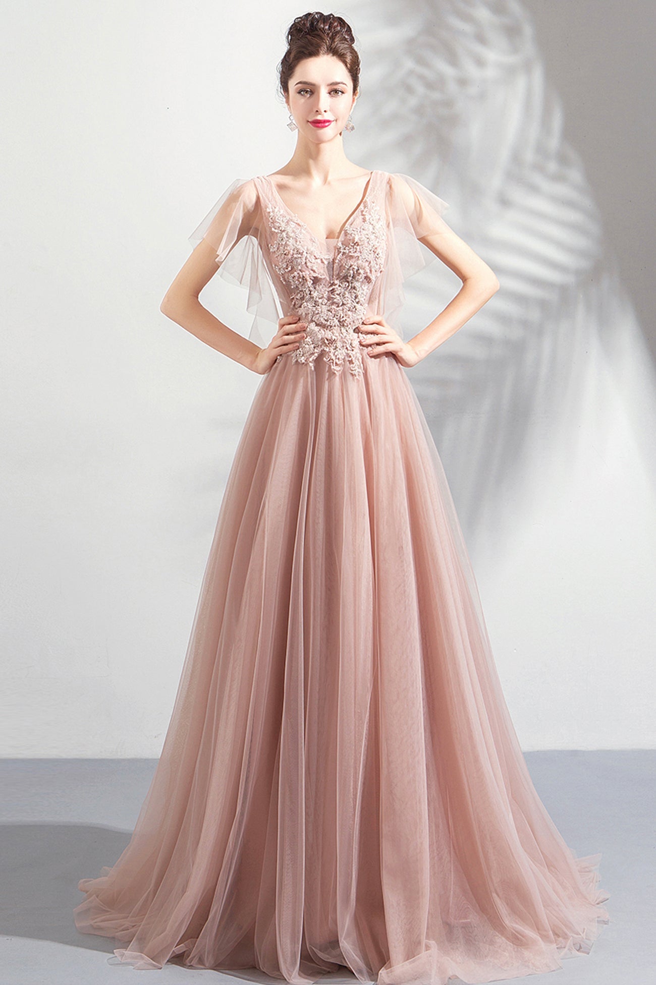 Pink V-Neck Lace Long Prom Dress, Pink Evening Party Dress