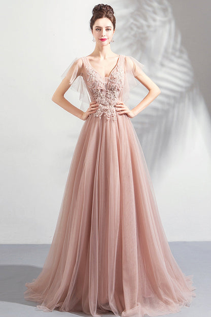 Pink V-Neck Lace Long Prom Dress, Pink Evening Party Dress