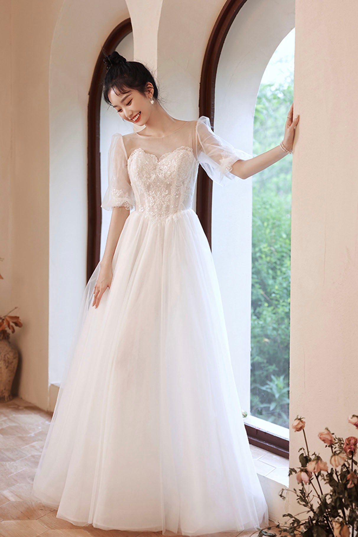 White Puff Sleeves Tulle Party Dress, A-Line Lace Scoop Neckline Evening Dress
