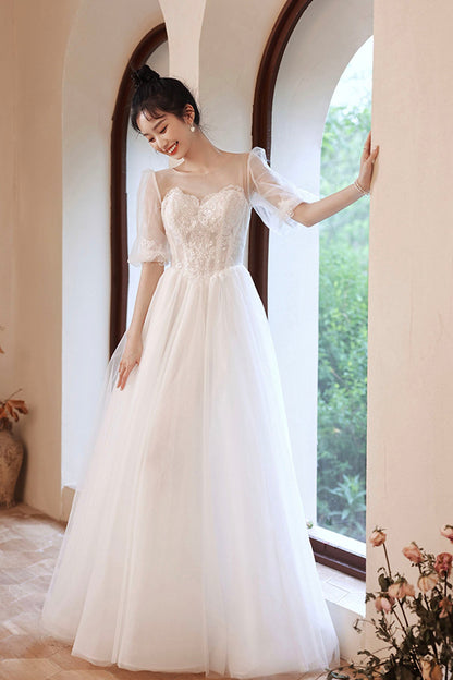 White Puff Sleeves Tulle Party Dress, A-Line Lace Scoop Neckline Evening Dress