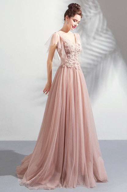Pink V-Neck Lace Long Prom Dress, Pink Evening Party Dress