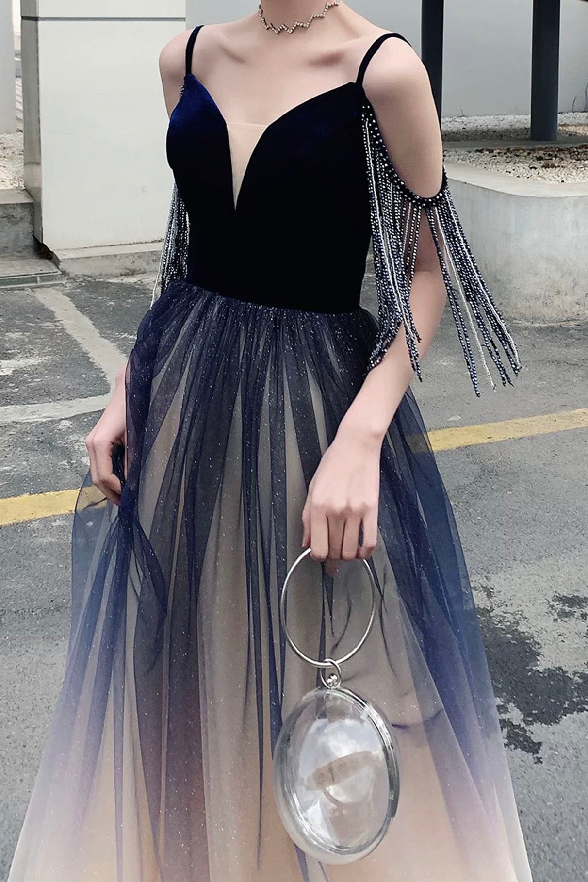 Blue Spaghetti Strap Gradient Long Formal Dress, A-Line V-Neck Prom Dress