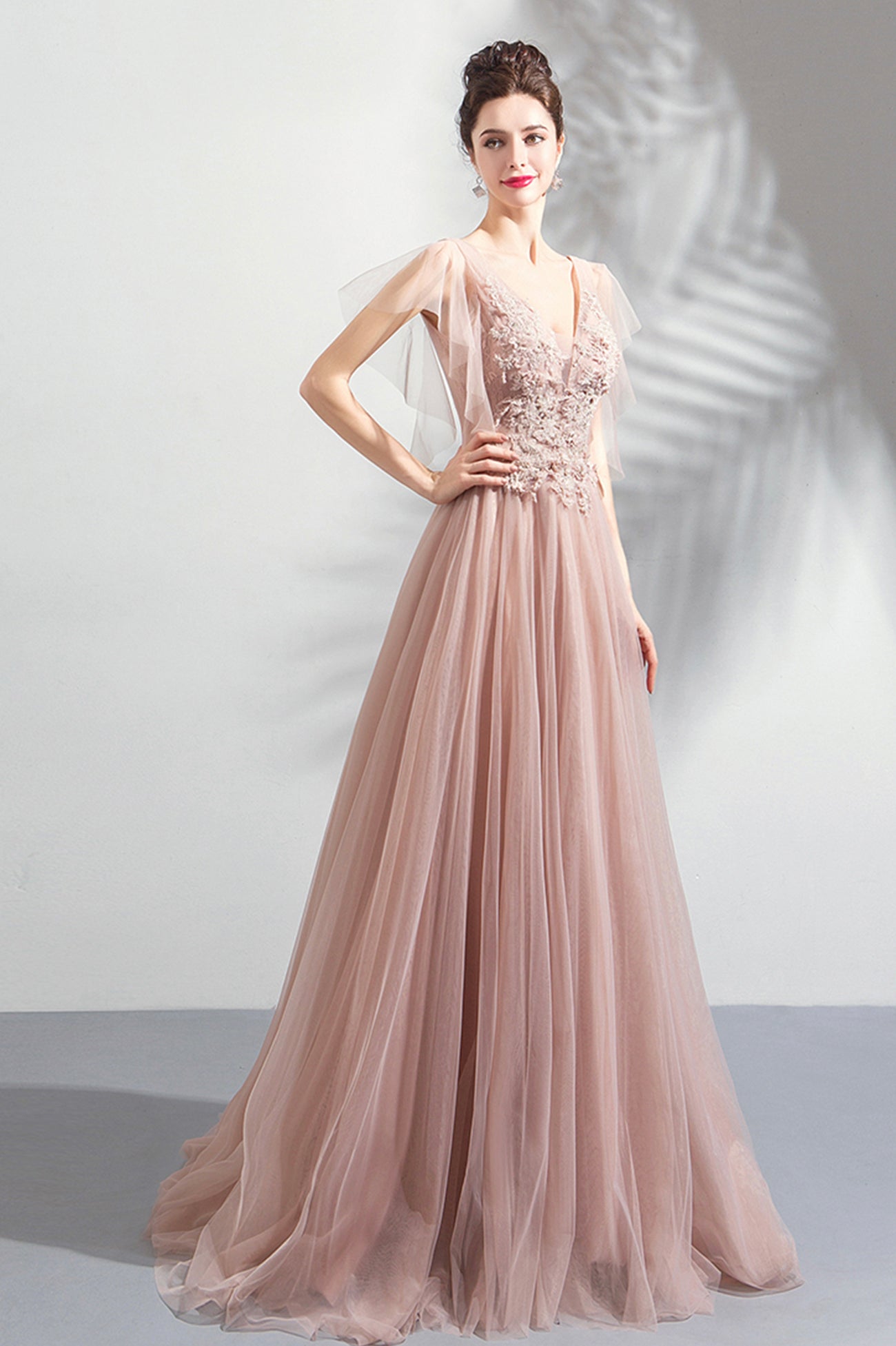 Pink V-Neck Lace Long Prom Dress, Pink Evening Party Dress