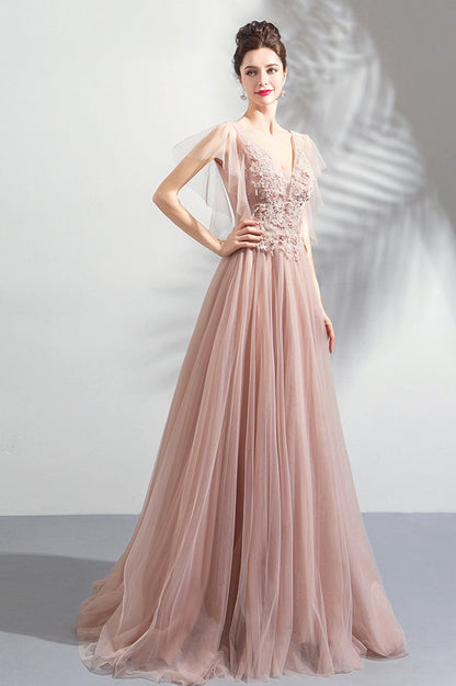 Pink V-Neck Lace Long Prom Dress, Pink Evening Party Dress