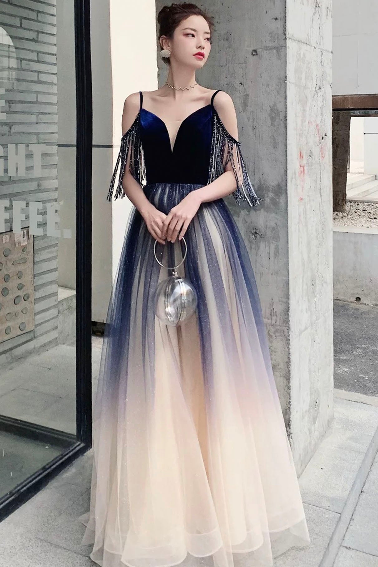 Blue Spaghetti Strap Gradient Long Formal Dress, A-Line V-Neck Prom Dress