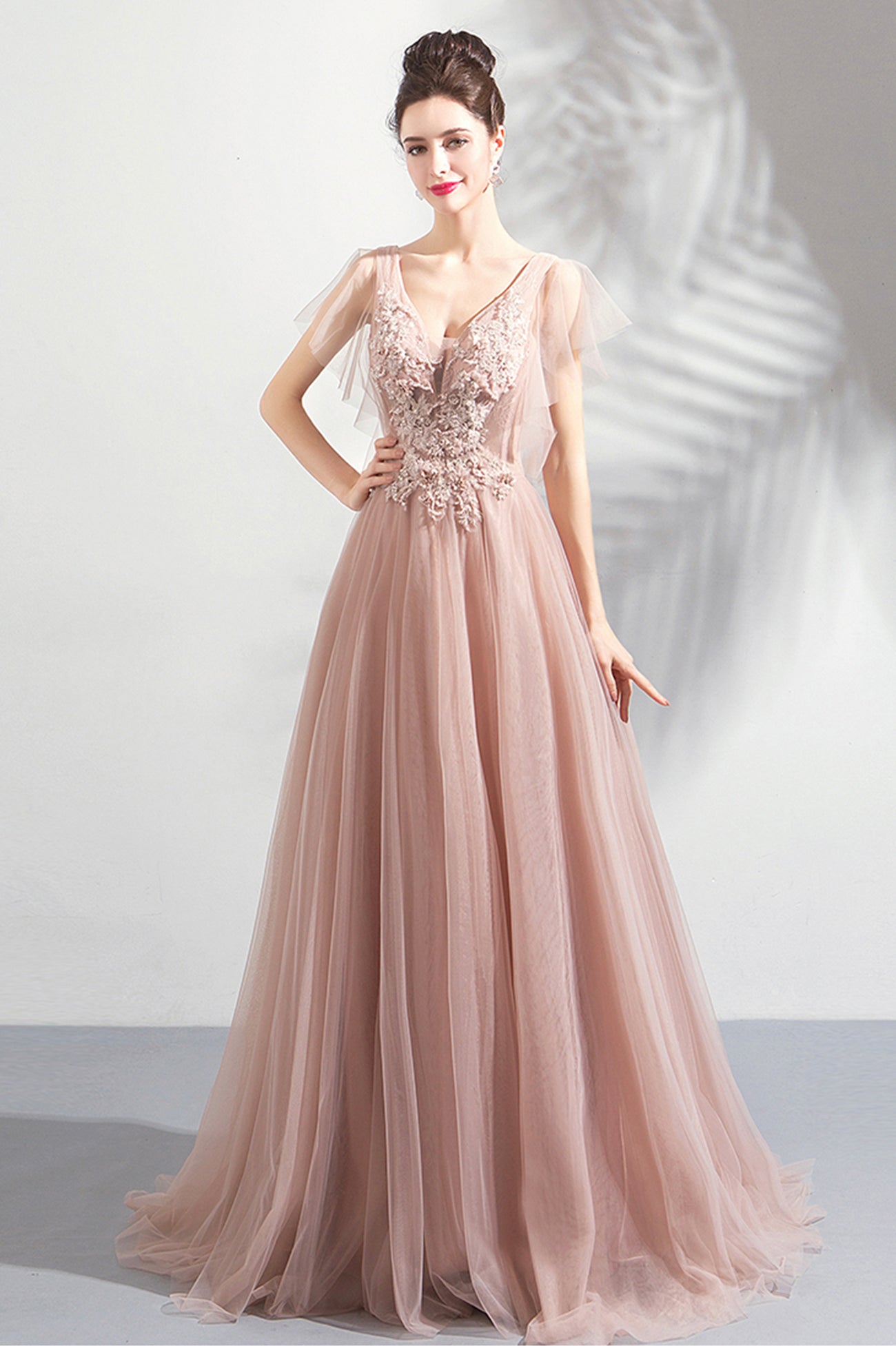 Pink V-Neck Lace Long Prom Dress, Pink Evening Party Dress