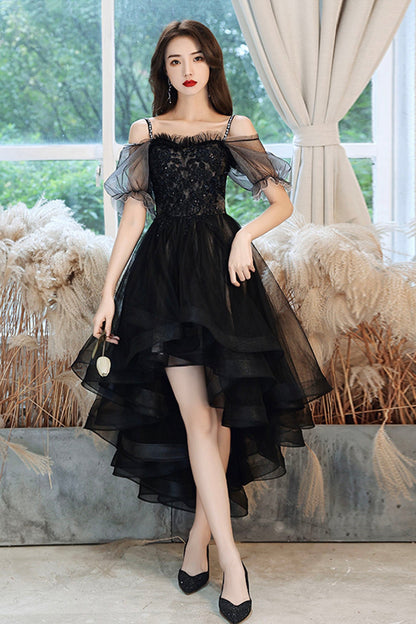 Black Tulle Lace High-Low Party Dress, Cute Short Sleeve Homecoming Dress