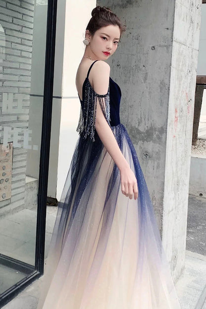 Blue Spaghetti Strap Gradient Long Formal Dress, A-Line V-Neck Prom Dress