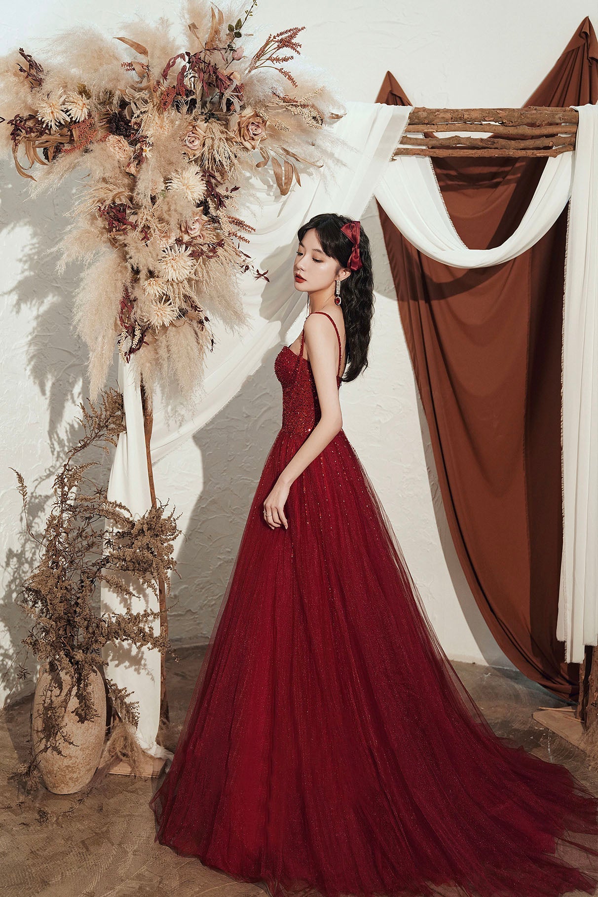 Burgundy Beaded Long A-Line Prom Dress, Burgundy Straps Evening Dress