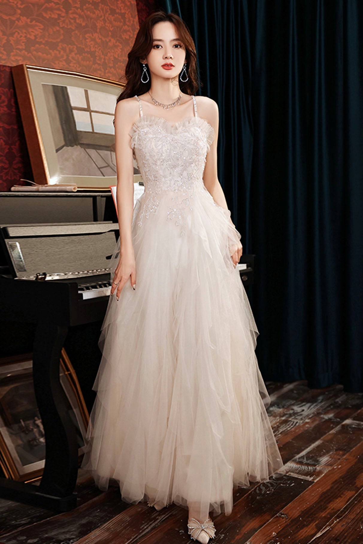 Champagne Spaghetti Strap Long Prom Dress