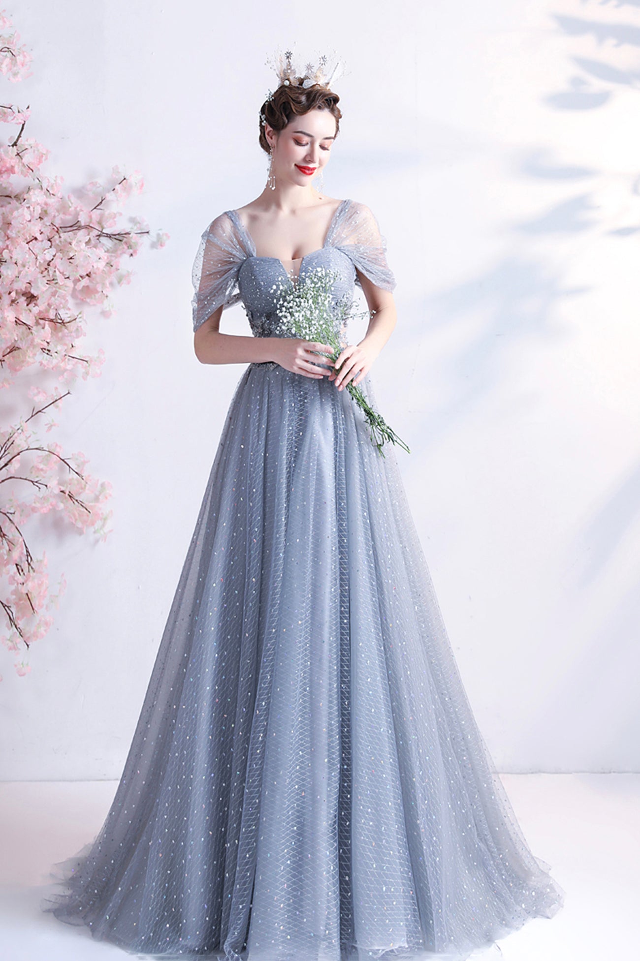 Elegant Gray Tulle Long Prom Dress, Off the Shoulder Formal Evening Dress