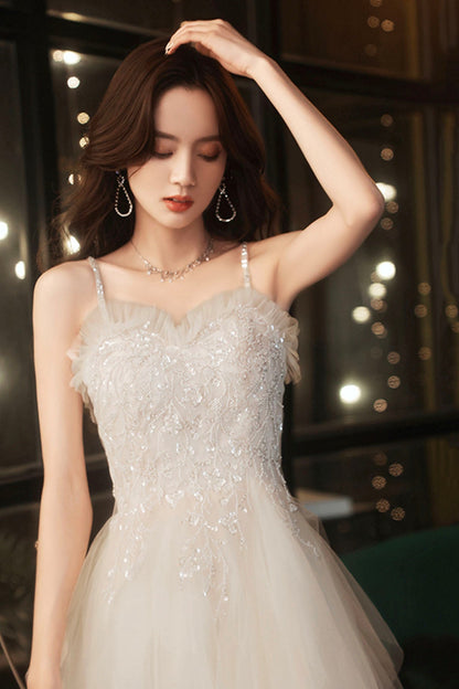 Champagne Spaghetti Strap Long Prom Dress