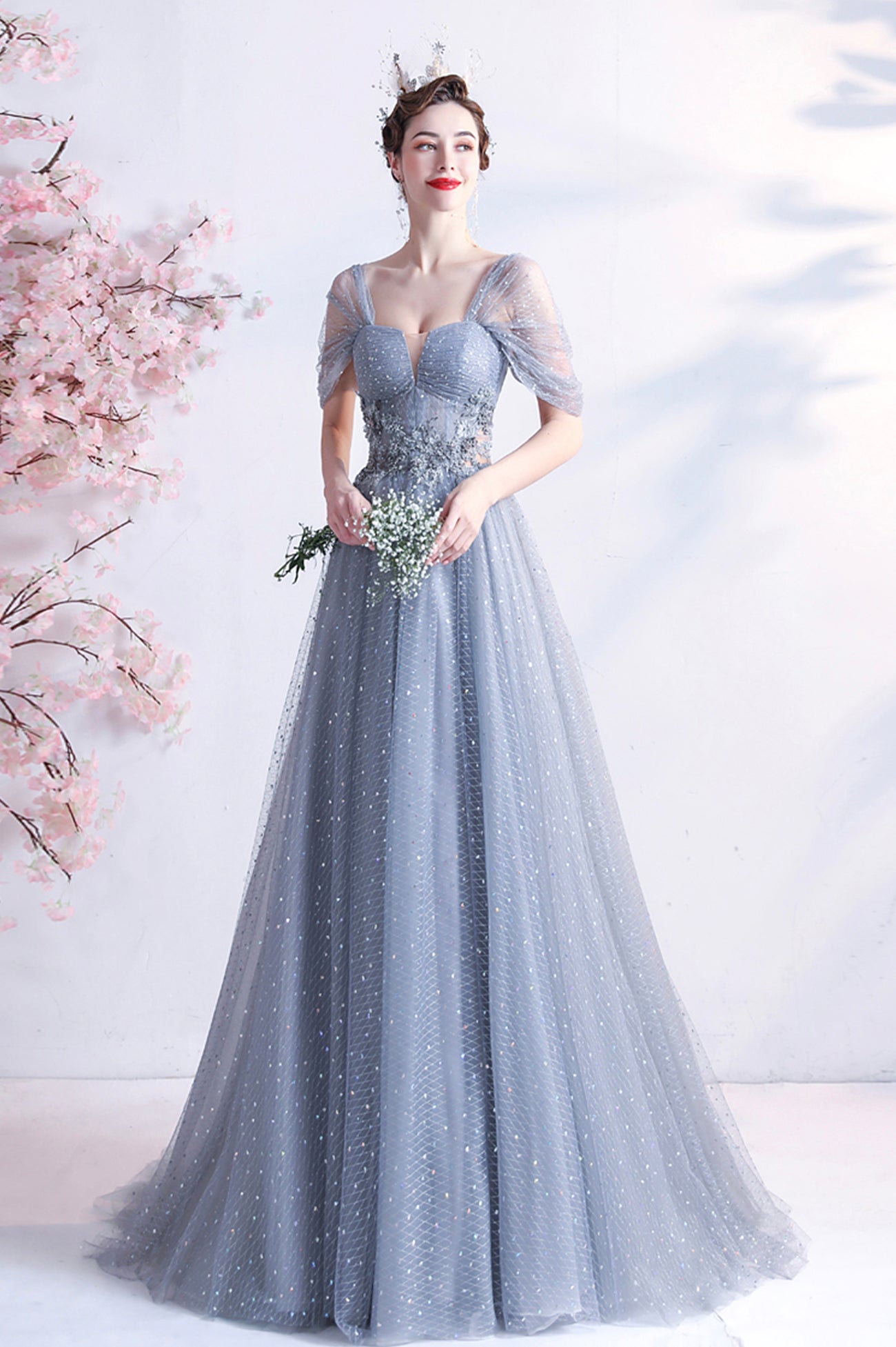 Elegant Gray Tulle Long Prom Dress, Off the Shoulder Formal Evening Dress