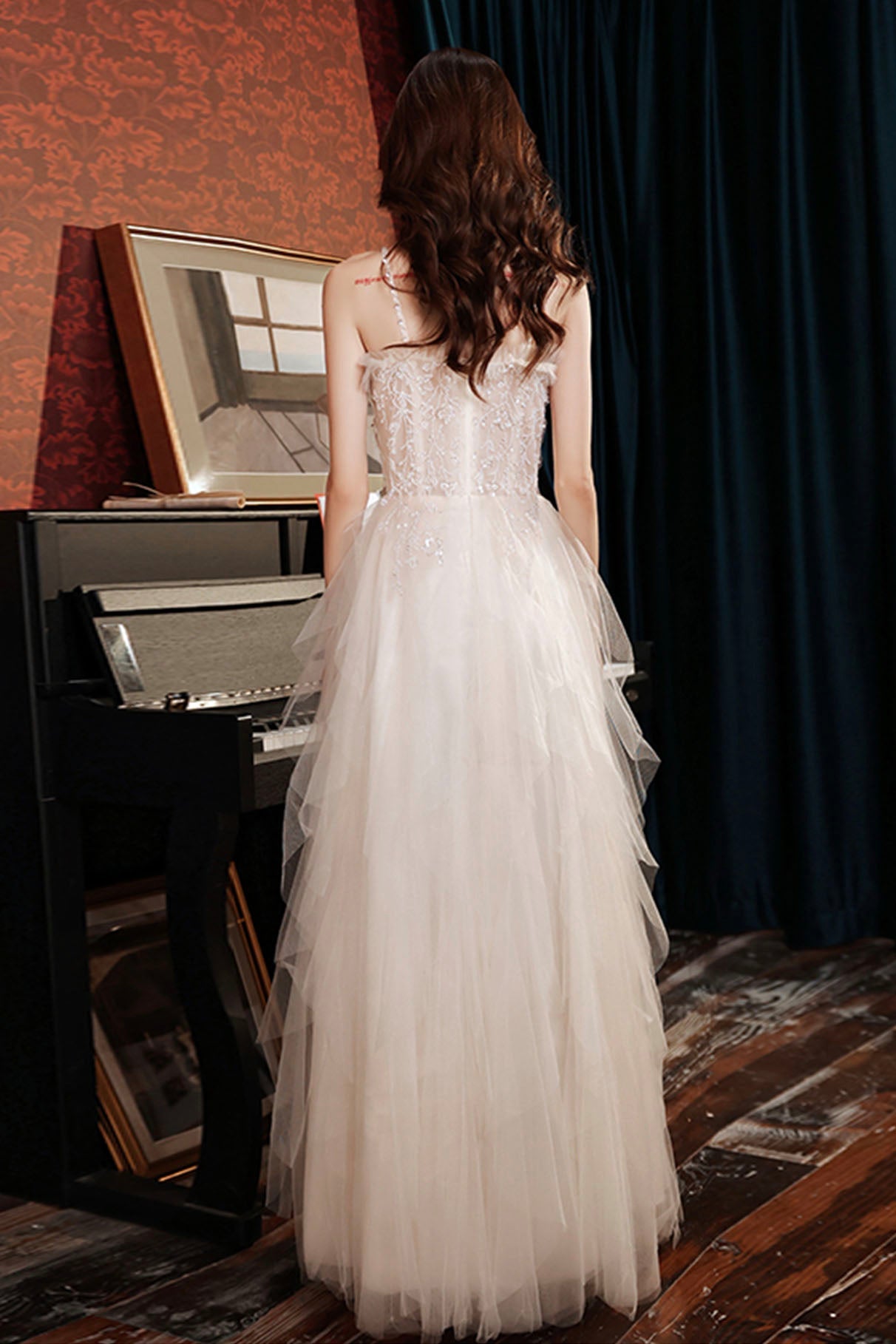 Champagne Spaghetti Strap Long Prom Dress