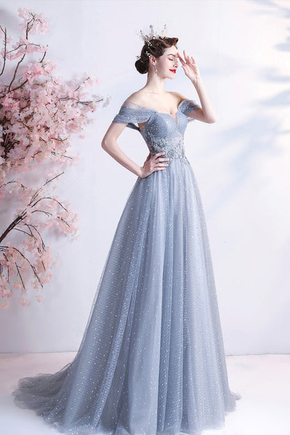 Elegant Gray Tulle Long Prom Dress, Off the Shoulder Formal Evening Dress