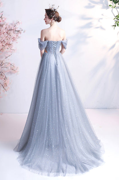 Elegant Gray Tulle Long Prom Dress, Off the Shoulder Formal Evening Dress
