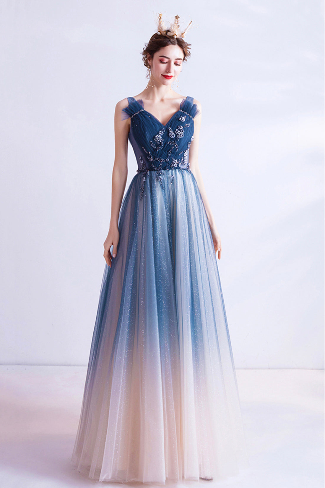 Blue V Neck Gradient Tulle Formal Dress with Beaded, Long A-Line Prom Dress