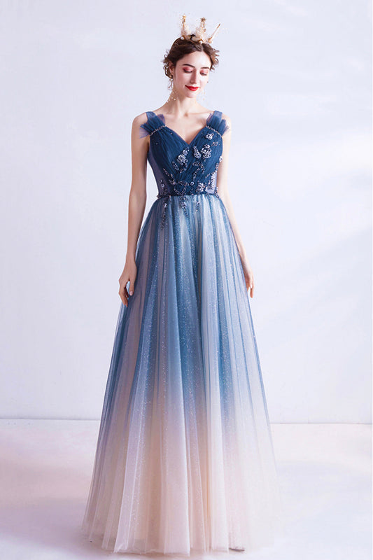 Blue V Neck Gradient Tulle Formal Dress with Beaded, Long A-Line Prom Dress