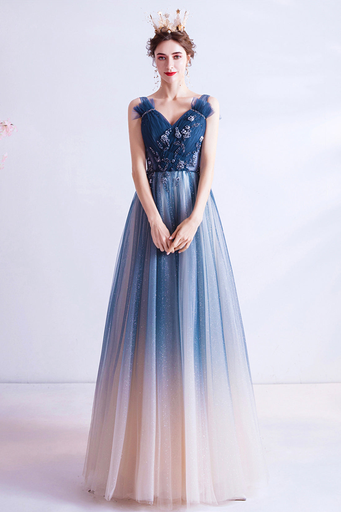 Blue V Neck Gradient Tulle Formal Dress with Beaded, Long A-Line Prom Dress