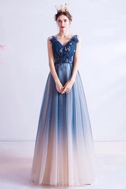 Blue V Neck Gradient Tulle Formal Dress with Beaded, Long A-Line Prom Dress