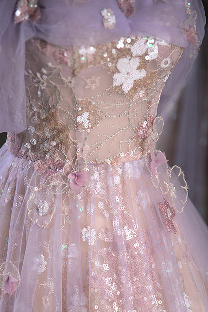 Lovely A-Line Off the Shoulder Sequins Prom Dress, Purple Tulle Corset Floor Length Evening Dress