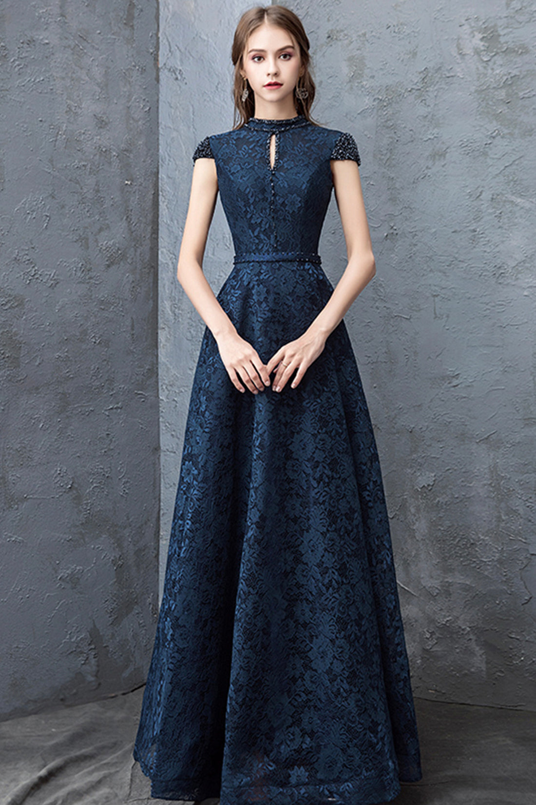 Beautiful Navy Blue Evening Dresses, Blue Lace Floor Length Prom Dresses