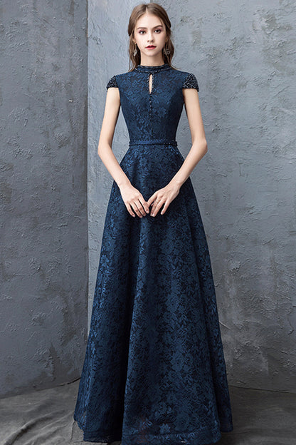 Beautiful Navy Blue Evening Dresses, Blue Lace Floor Length Prom Dresses
