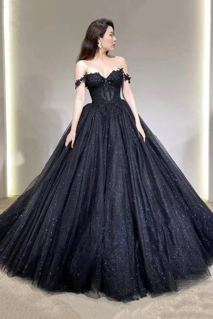 Black Off the Shoulder Tulle Lace Princess Dress, Shiny Tulle Floor Length Evening Party Dress