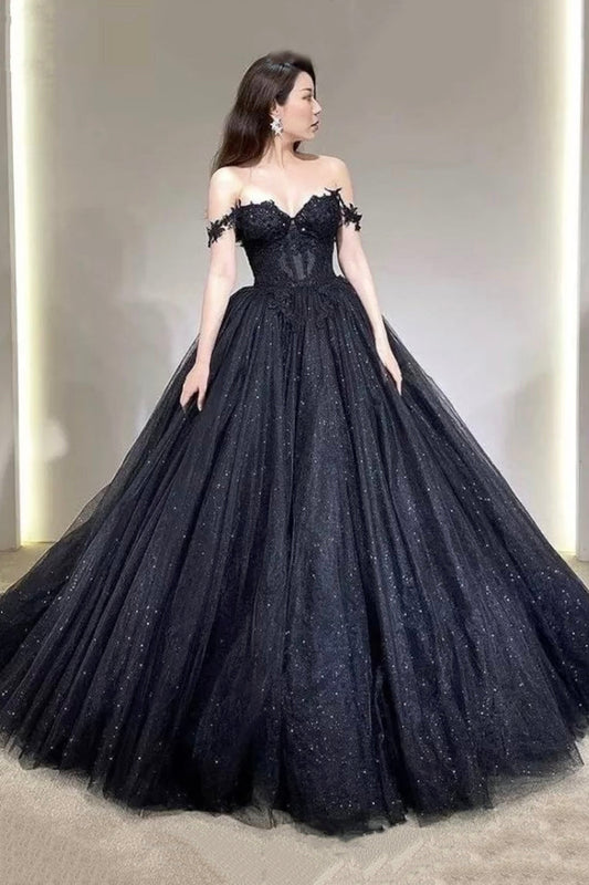 Black Off the Shoulder Tulle Lace Princess Dress, Shiny Tulle Floor Length Evening Party Dress