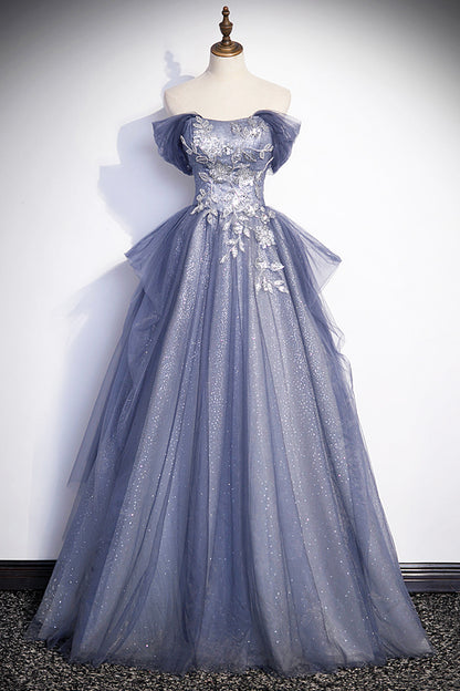 Dusty Blue Off the Shoulder Lace Long Prom Dress, A-Line Shiny Tulle Evening Dress