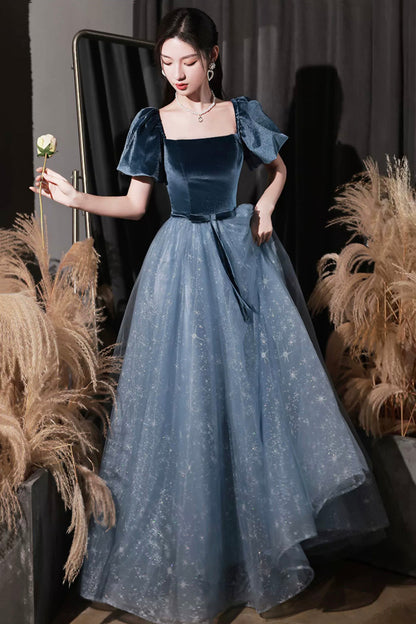 Blue Velvet Tulle Long Prom Dress, Beautiful Short Sleeve Evening Dress